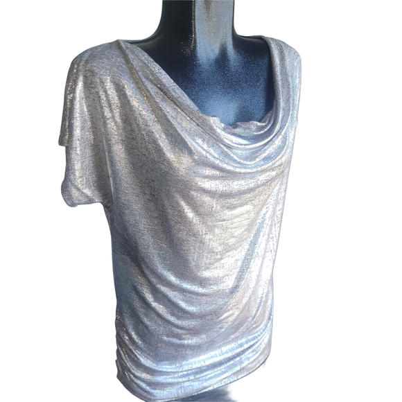 Black Collection Silver Metallic Short Sleeve Top M - Picture 2 of 6